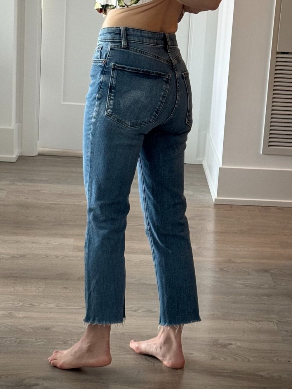 Zara Light-Medium Wash Denim Flare Jeans - Button Fly - Raw Hem - Size 2